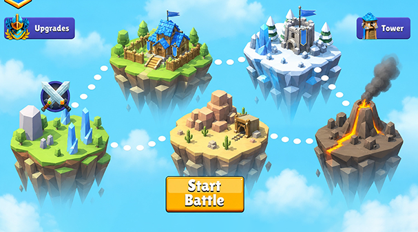 World map with floating islands and a Start Battle button